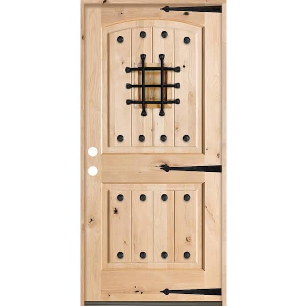 Mediterranean 36 in. x 80 in. Knotty Alder Right-Hand/Inswing Arch Top Unfinished Wood Prehung Front Door