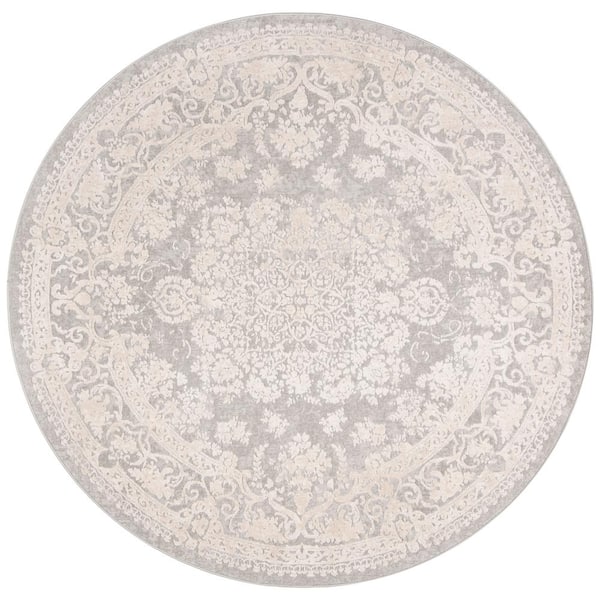 SAFAVIEH Reflection Light Gray/Cream Doormat 3 ft. x 3 ft. Floral Border Round Area Rug