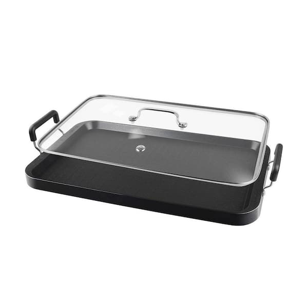 Black Aluminum Nonstick Warp-Resistant Double Burner Griddle Pan with Glass Lid for Gas and Electric Stovetops