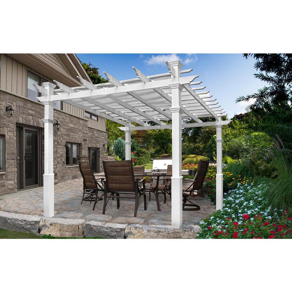 White Vinyl Square Pergola with Canvas Weave and Base Moldings