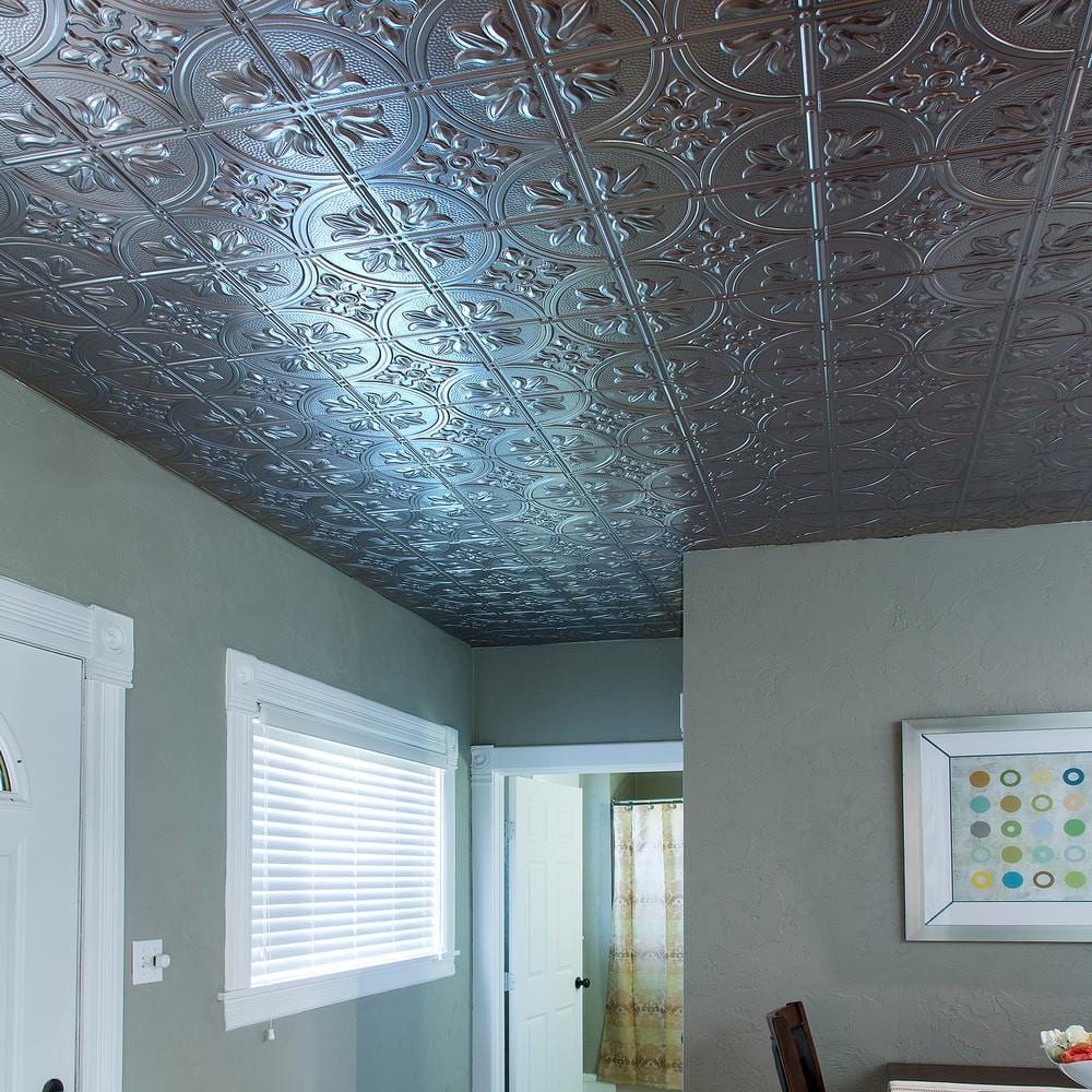 Brushed Nickel 2ft x 4ft Decorative Vinyl Glue-Up Ceiling Panels