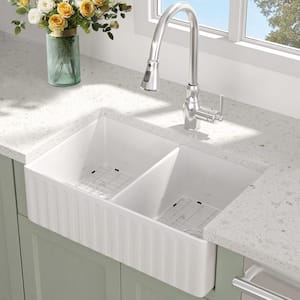 33 in. Farmhouse Apron-Front Kitchen Sink White Double Bowl Fireclay Kitchen Sink, Bottom Grid and Strainer Included