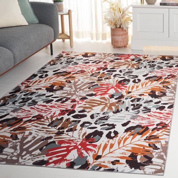 Malibu Ivory/Rust 3 ft. x 5 ft. Machine Washable Botanical Abstract Area Rug