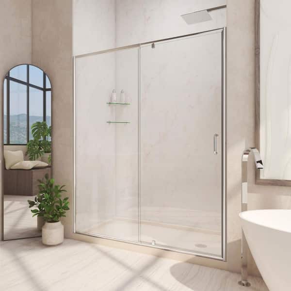 DreamLine Flex 60 in. W x 32 in. D x 74.75 in. Pivot Framed Shower Door in Chrome with Right Drain Biscuit Acrylic Base Kit