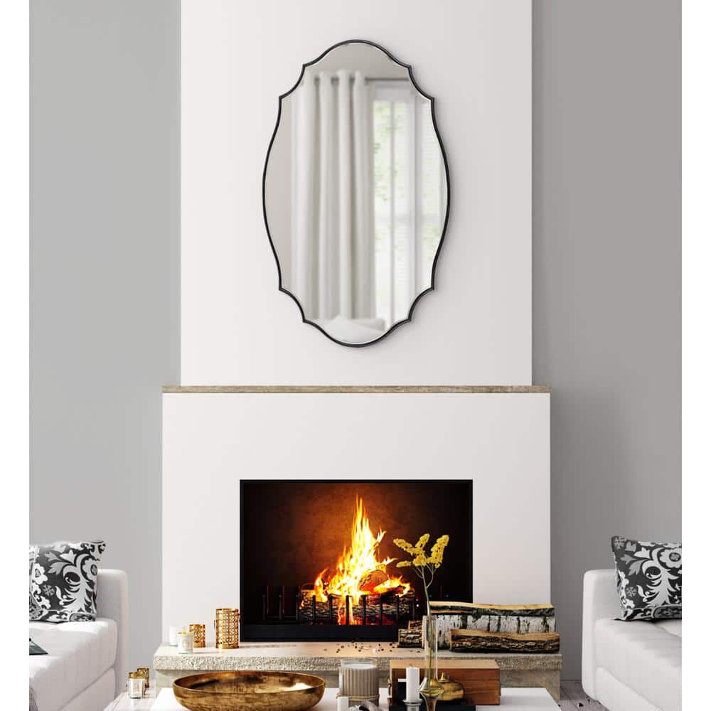 Elegant Full-Length Black Wood Scalloped Rectangular Mirror, 24x36