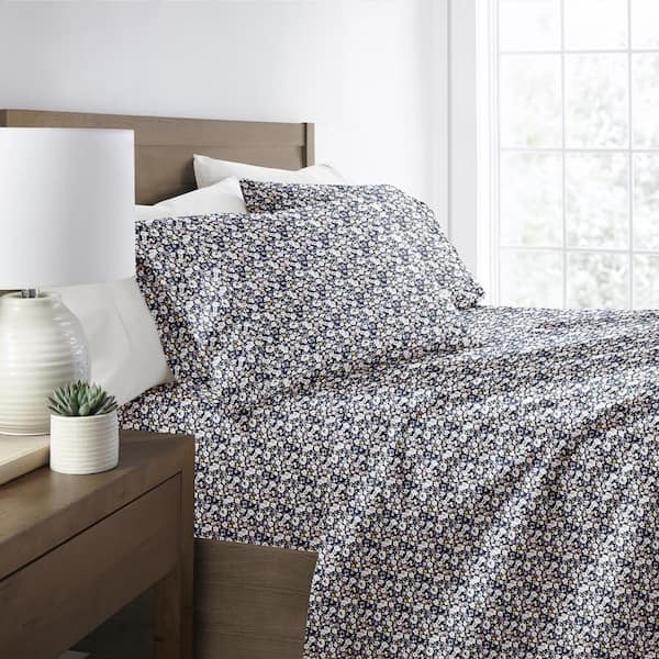 4-Piece Navy Floral Dream Microfiber Poly Patterned Sheet Set in Cal King