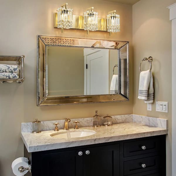 Thery 25.5 in. 3-Light Gold Modern Glam Rectangular Crystal Bathroom Vanity Lights for Mirror w/Crystal Shade
