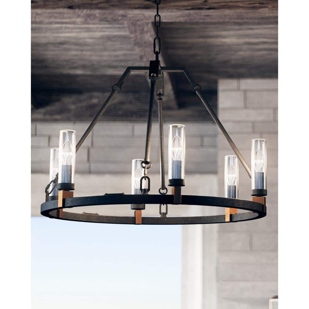 Antique Forged Iron 6-Light Outdoor Brass Candle Chandelier with Clear Glass
