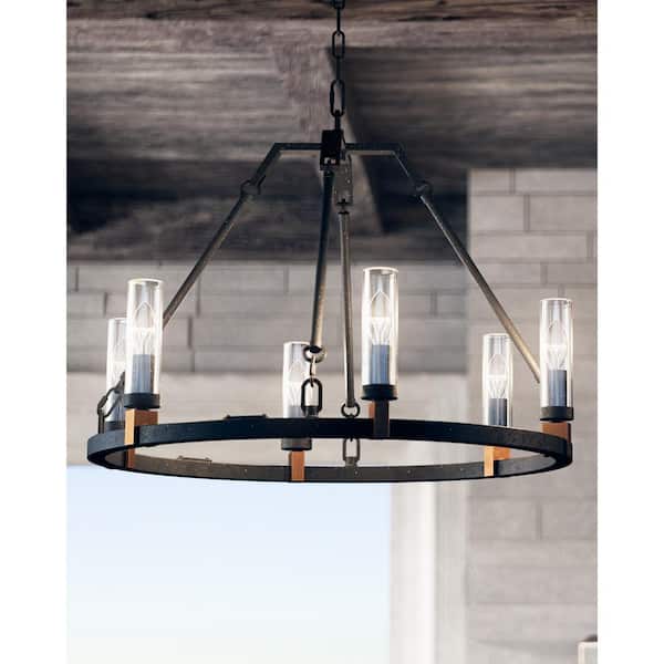 Landen Medium 6-Light Antique Forged Iron Transitional Candlestick Wagon Wheel Outdoor Hanging Chandelier