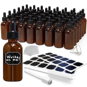 2 oz. Glass Dropper Bottles with Funnel, Brush, Shrink Wrap, Marker and Labels - Amber (Pack of 48)