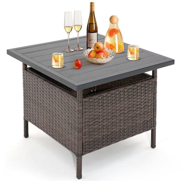 Mix Brown and Black Square Wicker Outdoor Side Table with Umbrella Hole