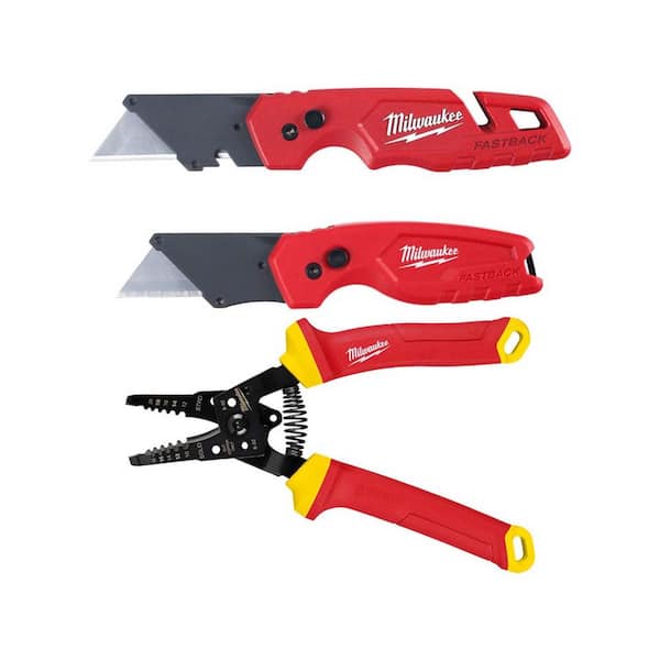 Milwaukee FASTBACK Folding Utility Knife & Compact Utility Knife w/1000V Insulated 10-20 AWG Wire Stripper/Cutter (3-Piece)
