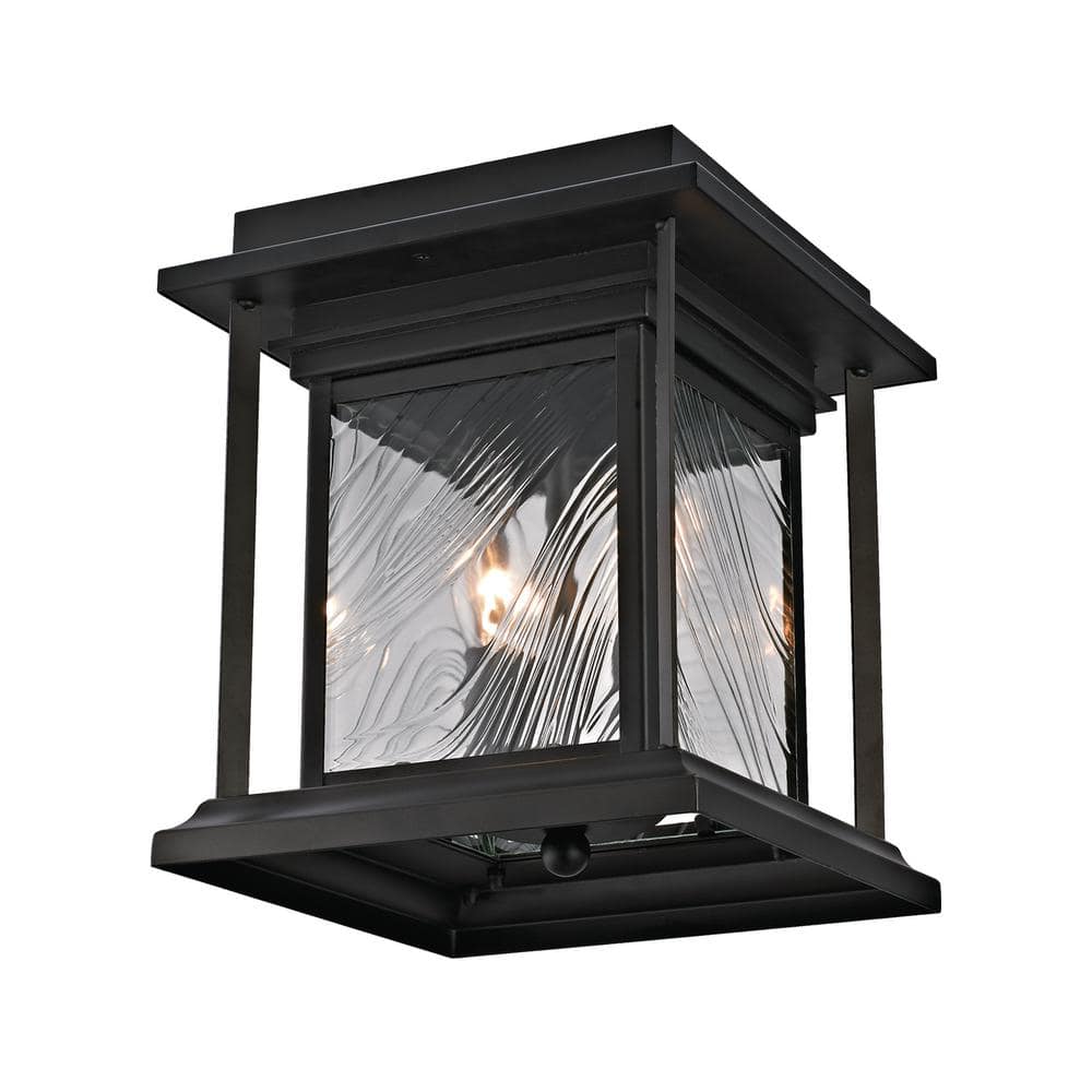 2-Light Transitional Outdoor Flush Mount Light with Watered Glass, Dark Bro