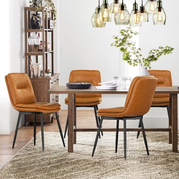 LUE BONA 18 in. Metal Frame Whiskey Brown Faux Leather Upholstered Dining Chairs Set of 4