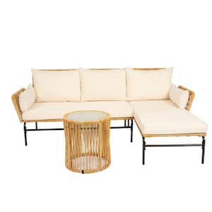 3 Piece Wicker Outdoor Patio Furniture Set Table and Chair Loveseat Set Natural Yellow Wicker with Cushions Cream