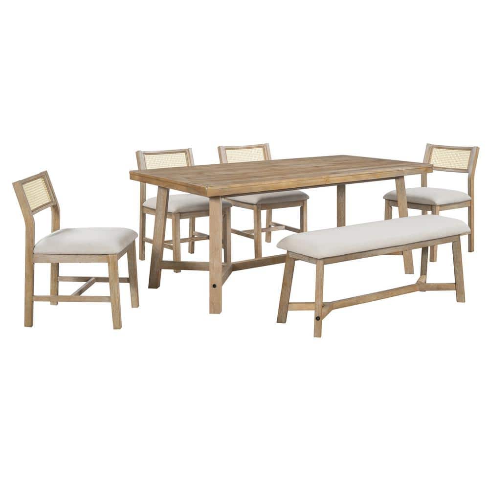 Retro 6-piece Brown MDF Top Dining Set, Include Rectangular Table and 4 Upholstered Chairs with Rattan and Bench
