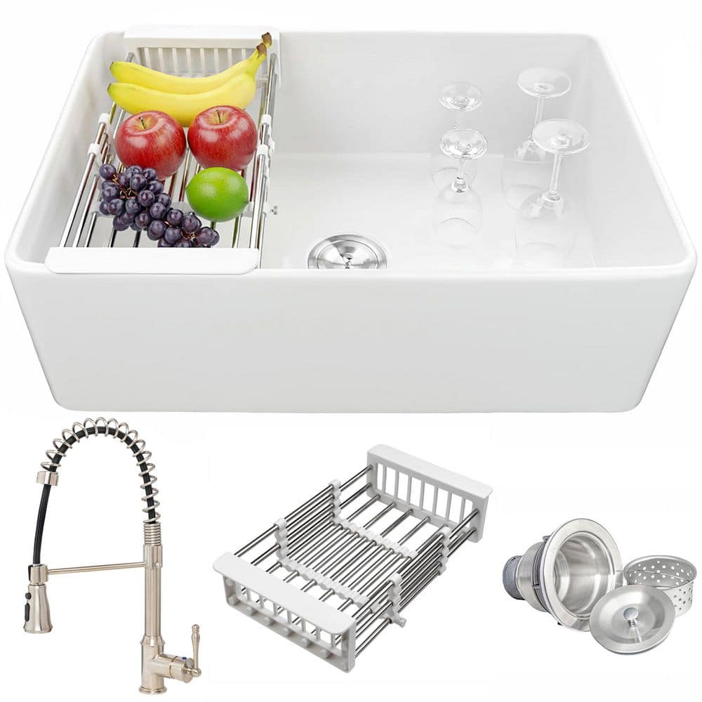 White Fireclay 30 in. Single Bowl Apron-Front Kitchen Sink with Faucets and Basket Strainer price history on PriceWatchPro