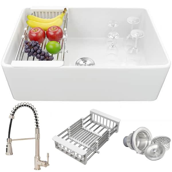 White Fireclay 30 in. Single Bowl Apron-Front Kitchen Sink with Faucets and Basket Strainer