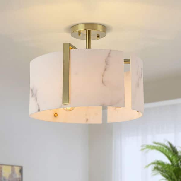 14.02 in. 3-Light Gold Mid-Century Drum Alabaster Resin Shade Semi-Flush Mount Ceiling Light