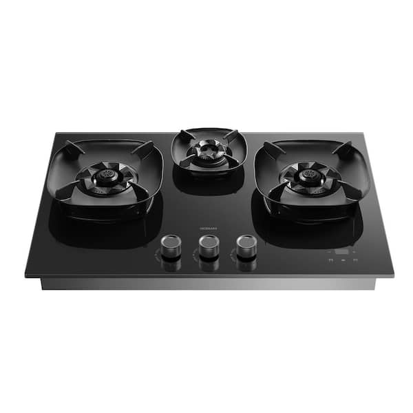 7B7H30 30 in. 3 Burners Recessed Glass Gas Cooktop in Black with Sealed Brass Burners, R-Link and 41800 BTU