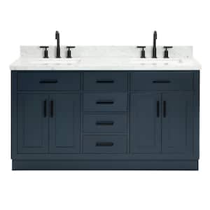 Hepburn 61 in. W x 22 in. D x 36 in. H Bath Vanity in Midnight Blue with Carrara Marble Vanity Top with White Basins