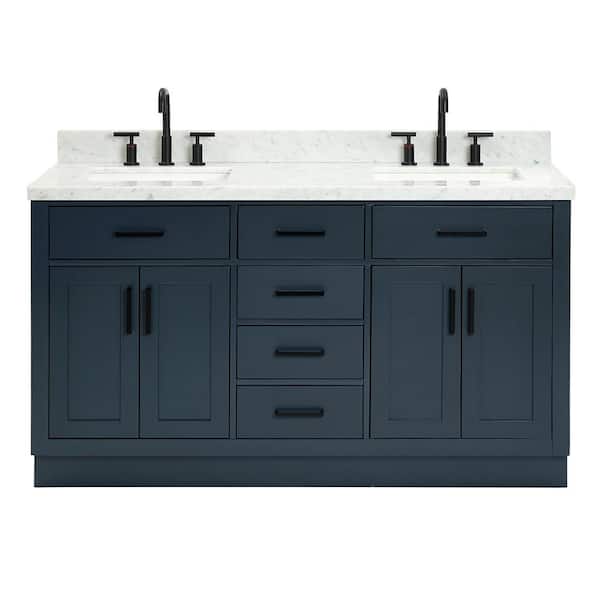 Hepburn 61 in. W x 22 in. D x 36 in. H Bath Vanity in Midnight Blue with Carrara Marble Vanity Top with White Basins