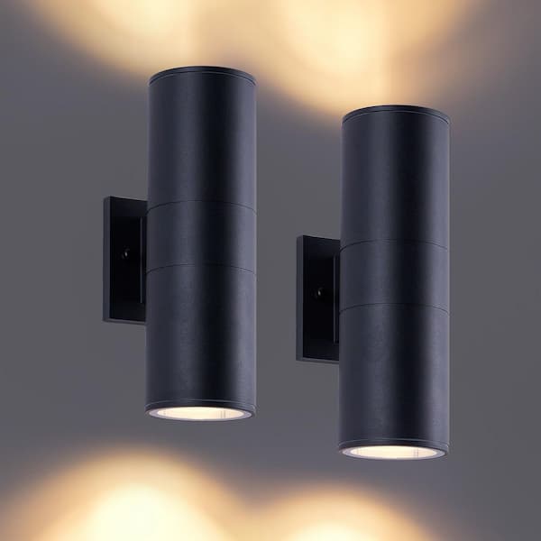 14 in. H 2-Pack Black Aluminum Cylinder Outdoor Wall Sconces for Patios, Porches