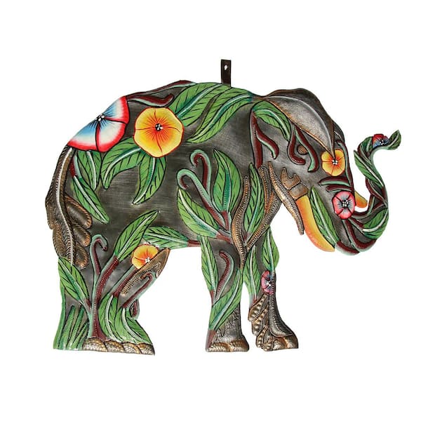 Global Crafts Hibiscus Elephant Haitian Steel Wall Art