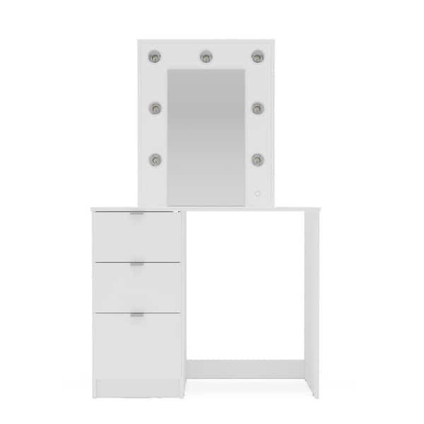 Polifurniture Daisy White Makeup Vanity Table with Lighted Mirror