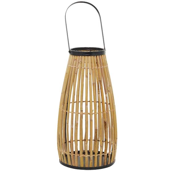 Litton Lane 20 in. H Brown Wicker Handmade Slatted Frame Decorative Candle Lantern with Handle