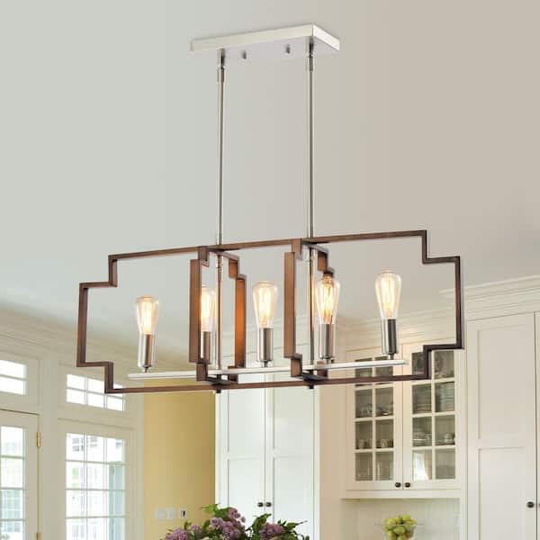 5-Light 29.5 in. Wood Iron Modern Geometric Dimmable Pendant Dining Kitchen Ceiling Lights Foyer Bedroom Lighting
