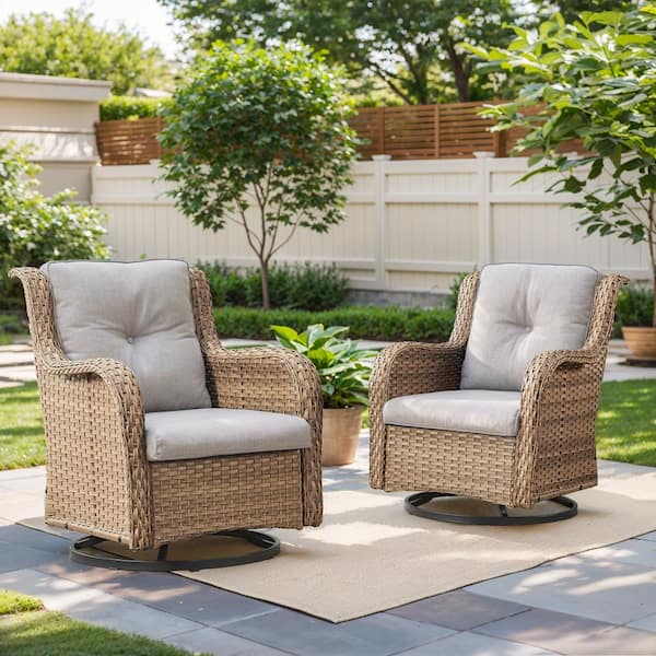 Yellow Swivel Wicker Outdoor Lounge Chair with Beige Cushions and Glide Function (2-Pack)