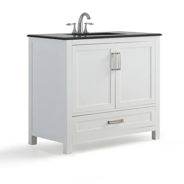 Simpli Home Evan 36 in. W x 21.5 in. D x 34.5 in. H Bath Vanity in White with Granite Vanity Top in Black with White Basin