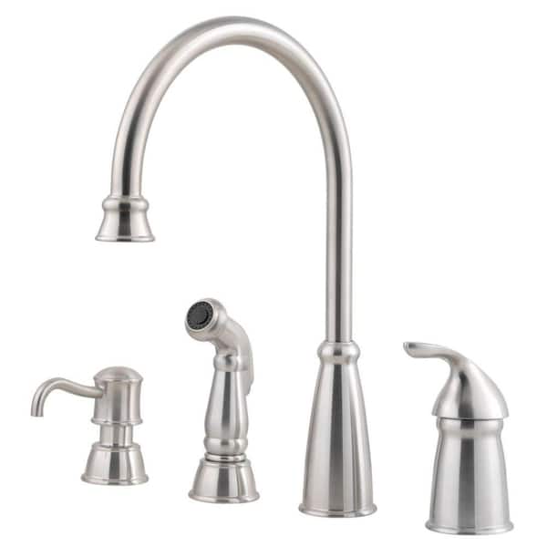 Pfister Avalon Single-Handle High-Arc Standard Kitchen Faucet with Side Sprayer and Soap Dispenser in Stainless Steel