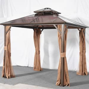 10 ft. x 10 ft. Brown Outdoor Gazebo Polycarbonate Double Roof with Aluminum Frame, Curtains and Netting for Patio