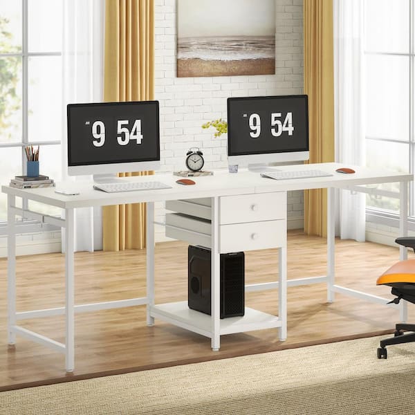 Perry 78 in. Rectangle White Storage Shelves 2-Drawers Computer Double Desk, Large Long Writing Table Study Desks