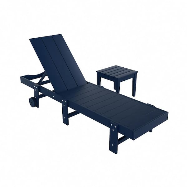 WESTIN OUTDOOR Shoreside 2-Piece Modern Plastic Outdoor Reclining Chaise Lounge With Wheels and Side Table in Navy Blue