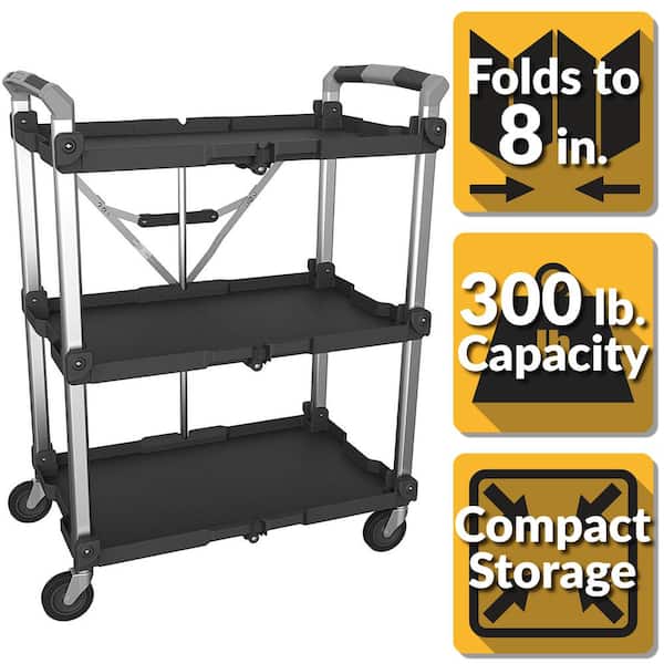 PACK-N-ROLL 3-Shelf Collapsible 4-Wheeled Multi-Purpose XL Resin Utility Cart in Black/Grey