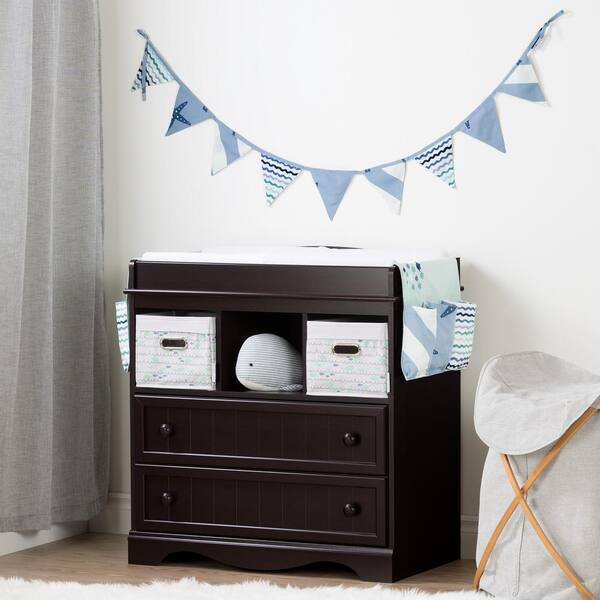 South Shore Savannah Espresso and Blue Changing Table with Little Whale Runner and Pennant Banner