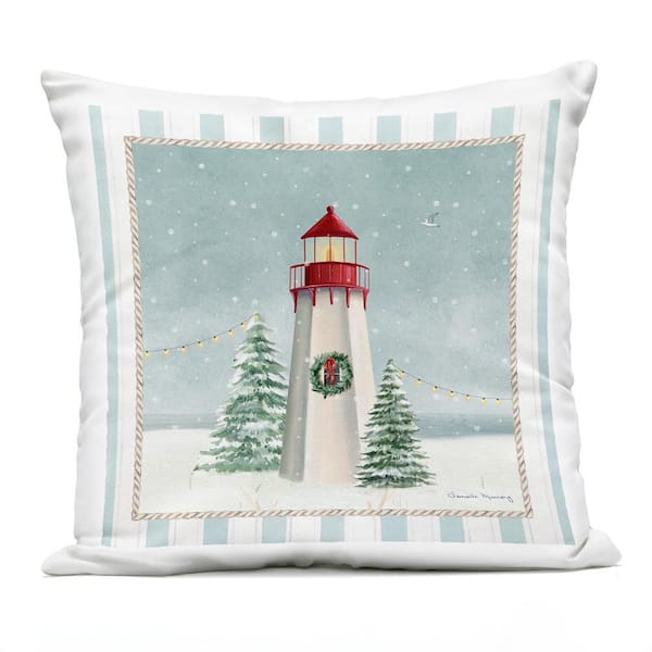 Coastal Holiday Lighthouse Green Square Outdoor Throw Pillow