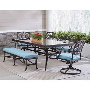 Traditions 7-Piece Aluminum Outdoor Dining Set with Blue Cushions with 5 Swivel Rockers and Glass-Top Table