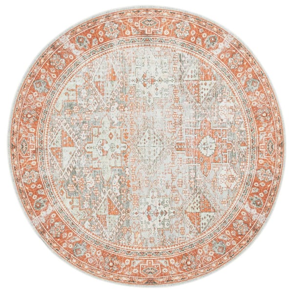 Arizona 6 ft. x 6 ft. Rust/Sage Machine Washable Distressed Border Ornate Round Area Rug