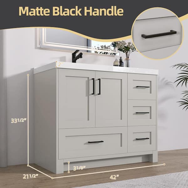42 in. W x 22 in. D x 36 in. H Bathroom Vanity Single Sink Freestanding Bath Vanity Cabinet in Gray with White Resin Top