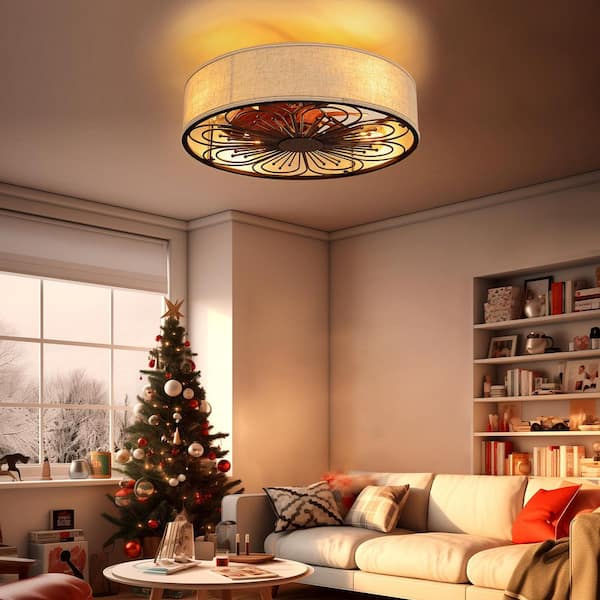 TOZING 19.6 in. Indoor Bronze Low Profile Fabric Farmhouse Caged Enclosed Flush Mount Ceiling Fan with Light Kit and Remote