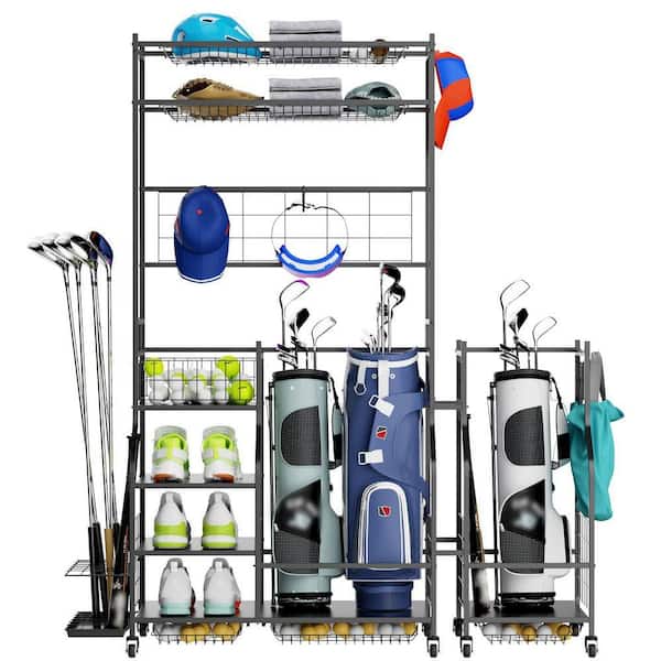 Black Steel Golf Bag Storage Garage Organizer with Hooks and Lockable Wheels (56.9 in. W x 68.1 in. H x 15.8 in. D)