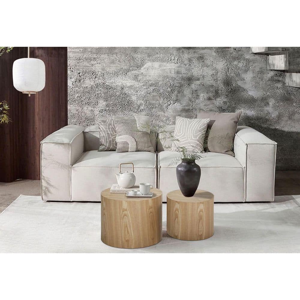 Oak Round Wood Nesting Coffee Table Set of 2