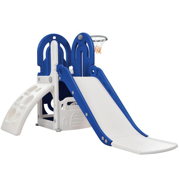 Unbranded 4-in-1 Toddler Climber and Slide Set with Basketball Hoop, Kids Climber and Bus Playhouse Slide Playset, Blue