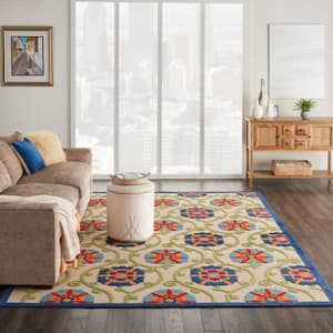 Aloha Blue Multicolor 7 ft. x 10 ft. Floral Modern Indoor/Outdoor Patio Area Rug