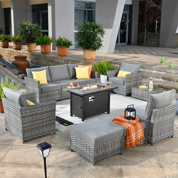 weaxty W Rosemonde Gray 10-Piece Wicker Outerdoor Patio Rectangular Fire Pit Set with Dark Gray Cushions