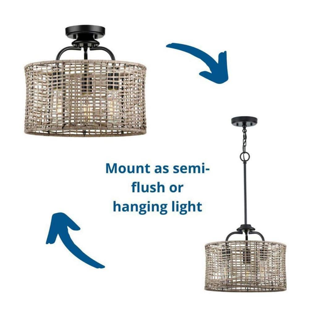 Matte Black and Rattan 3-Light Semi-Flush Mount Ceiling Light